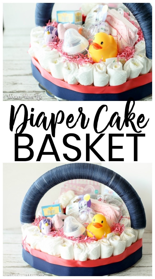 How to make a DIY Diaper Cake Basket for a Baby Shower or Baby Sprinkle. Also, makes a creative Baby Shower centerpiece. #BabyShowerDecor #BabySprinkle #DiaperBasket #BabyGift #BabyShowerCenterpiece #Baby