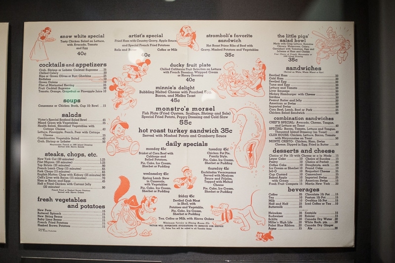 Original DIsneyland food menu at The Walt Disney Family Museum
