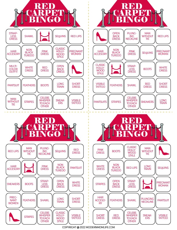 Red Carpet Bingo cards