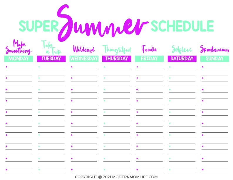 Weekly summer schedule