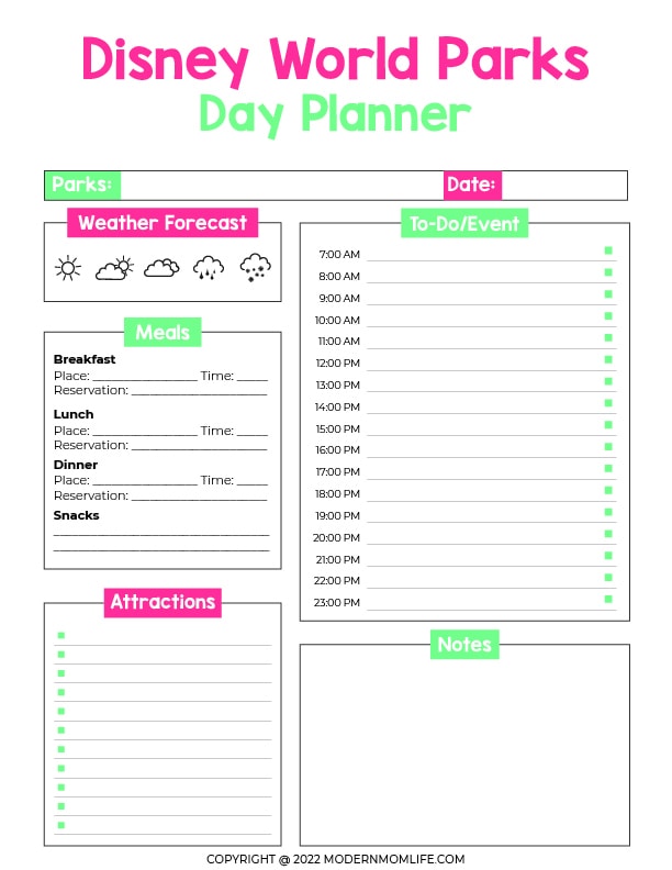 Disney Park Day Planner