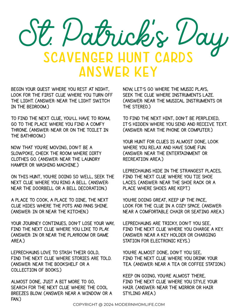 Answer Key for St Patricks Day Clue Cards
