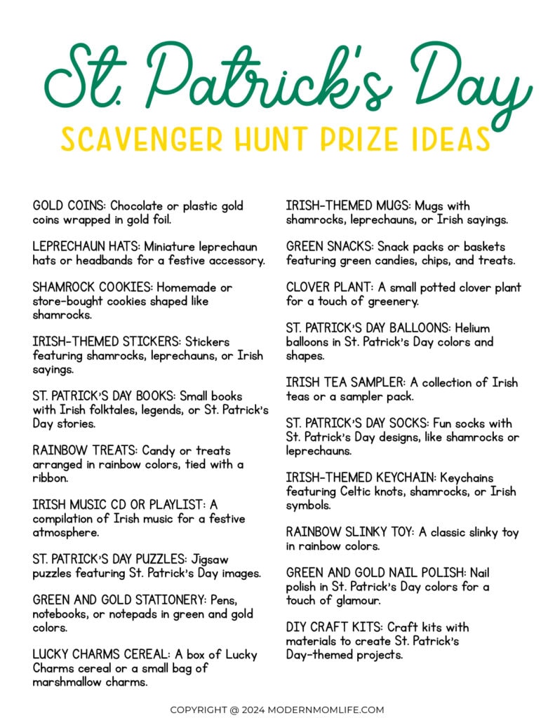 St Patricks Day Scavenger Hunt  Prize ideas