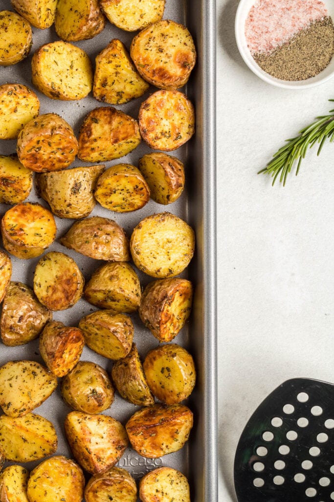 Rosemary Air Fryer Potatoes on cookie sheet